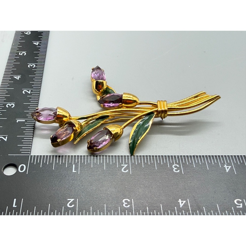 Vintage Gold Tone Purple Glass Enamel Flower Bouquet Brooch Large Statement - Picture 6 of 14